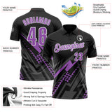 Custom Black Medium Purple Gray-White Lightning Geometric Performance Polo Shirt