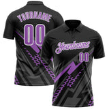 Custom Black Medium Purple Gray-White Lightning Geometric Performance Polo Shirt