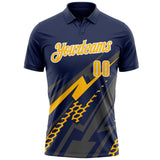 Custom Navy Gold Gray-White Lightning Geometric Performance Polo Shirt