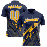 Custom Navy Gold Gray-White Lightning Geometric Performance Polo Shirt