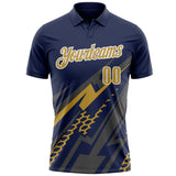 Custom Navy Old Gold Gray-White Lightning Geometric Performance Polo Shirt