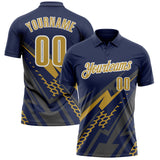 Custom Navy Old Gold Gray-White Lightning Geometric Performance Polo Shirt