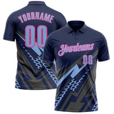 Custom Navy Light Blue Gray-Pink Lightning Geometric Performance Polo Shirt