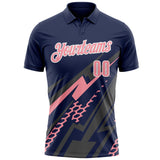 Custom Navy Medium Pink Gray-White Lightning Geometric Performance Polo Shirt