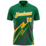 Custom Kelly Green Gold Gray-White Lightning Geometric Performance Polo Shirt