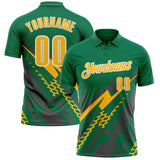 Custom Kelly Green Gold Gray-White Lightning Geometric Performance Polo Shirt