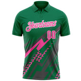 Custom Kelly Green Pink Gray-White Lightning Geometric Performance Polo Shirt