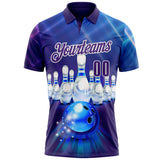 Custom Blue Purple-White Bowling Ball And Pins Strike Performance Polo Shirt