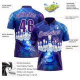 Custom Blue Purple-White Bowling Ball And Pins Strike Performance Polo Shirt