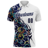 Custom White-Navy Bowling Ball And Pins Performance Polo Shirt