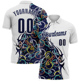 Custom White-Navy Bowling Ball And Pins Performance Polo Shirt