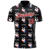 Custom Black Red-White Bowling Ball And Pins Pixel Performance Polo Shirt