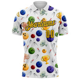 Custom White Yellow-Black Bowling Ball And Pins Performance Polo Shirt