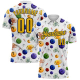 Custom White Yellow-Black Bowling Ball And Pins Performance Polo Shirt