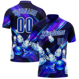 Custom Dark Purple Thunder Blue-White Bowling Ball And Pins Aurora Performance Polo Shirt