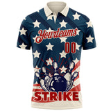 Custom Blue Red-Cream Bowling Ball And Pins Strike Retro American Flag Performance Polo Shirt