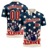 Custom Blue Red-Cream Bowling Ball And Pins Strike Retro American Flag Performance Polo Shirt