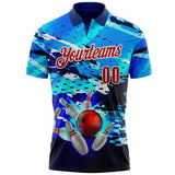 Custom Blue Red-White Bowling Ball And Pins Strike Performance Polo Shirt