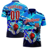 Custom Blue Red-White Bowling Ball And Pins Strike Performance Polo Shirt