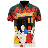 Custom Black Gold Orange Green-White Bowling Ball And Pins Diamond Performance Polo Shirt