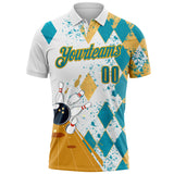 Custom White Teal-Gold Bowling Ball And Pins Diamond Performance Polo Shirt