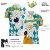 Custom White Teal-Gold Bowling Ball And Pins Diamond Performance Polo Shirt