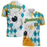 Custom White Teal-Gold Bowling Ball And Pins Diamond Performance Polo Shirt