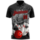 Custom Black Red-Gray Bowling Ball And Pins Skull Performance Polo Shirt
