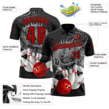 Custom Black Red-Gray Bowling Ball And Pins Skull Performance Polo Shirt