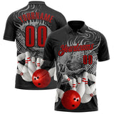 Custom Black Red-Gray Bowling Ball And Pins Skull Performance Polo Shirt