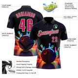 Custom Black Hot Pink-Pea Green Bowling Ball And Pins Strike Performance Polo Shirt