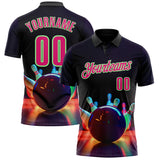 Custom Black Hot Pink-Pea Green Bowling Ball And Pins Strike Performance Polo Shirt