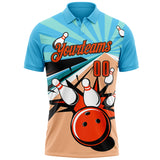 Custom Sky Blue Orange-Black Bowling Ball And Pins Strike Performance Polo Shirt
