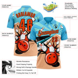 Custom Sky Blue Orange-Black Bowling Ball And Pins Strike Performance Polo Shirt
