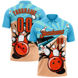 Custom Sky Blue Orange-Black Bowling Ball And Pins Strike Performance Polo Shirt