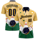 Custom Yellow Navy Green-Gold Bowling Ball And Pins Strike Performance Polo Shirt