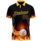 Custom Black-Gold Flame Baseball Fireball 3D Pattern Performance Polo Shirt