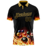 Custom Black-Old Gold Flame Billiards Snooker Balls Pool Performance Polo Shirt
