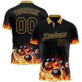 Custom Black-Old Gold Flame Billiards Snooker Balls Pool Performance Polo Shirt
