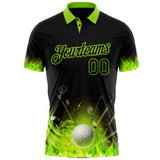 Custom Black-Neon Green Flame Golf Ball 3D Pattern Performance Polo Shirt