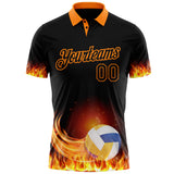 Custom Black-Bay Orange Flame Volleyball Ball 3D Pattern Performance Polo Shirt
