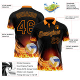 Custom Black-Bay Orange Flame Volleyball Ball 3D Pattern Performance Polo Shirt