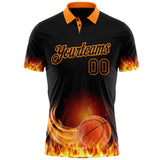 Custom Black-Bay Orange Flame Basketball Ball 3D Pattern Performance Polo Shirt