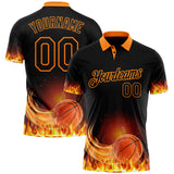 Custom Black-Bay Orange Flame Basketball Ball 3D Pattern Performance Polo Shirt