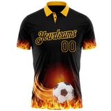 Custom Black-Gold Flame Soccer Ball 3D Pattern Performance Polo Shirt