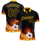Custom Black-Gold Flame Soccer Ball 3D Pattern Performance Polo Shirt