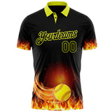 Custom Black-Neon Yellow Flame Softball Ball 3D Pattern Performance Polo Shirt