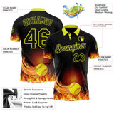 Custom Black-Neon Yellow Flame Softball Ball 3D Pattern Performance Polo Shirt