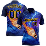 Custom Blue Black-Gold Flame Lightning Badminton Ball 3D Pattern Performance Polo Shirt