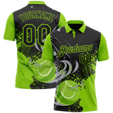 Custom Black Gray-Neon Green Tennis Ball Swirl Splatter 3D Pattern Performance Polo Shirt